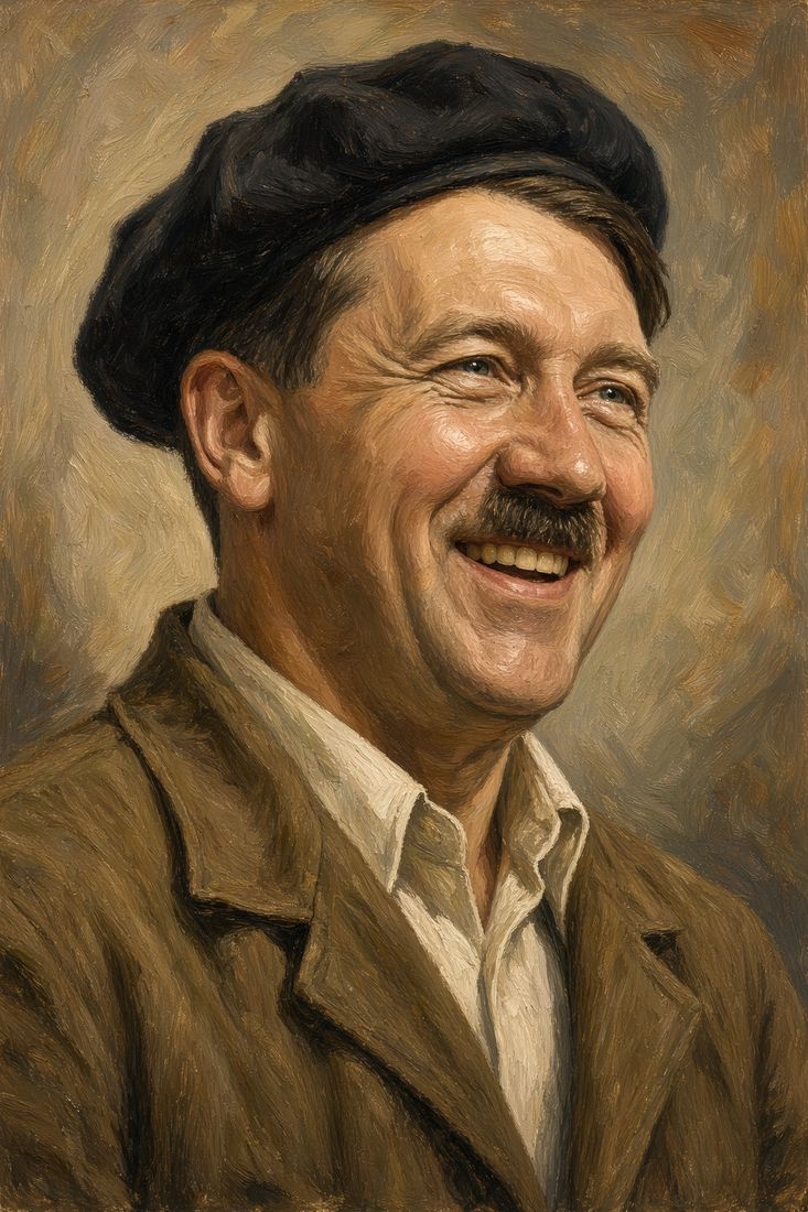 Hitler smiling broadly in a painter's beret